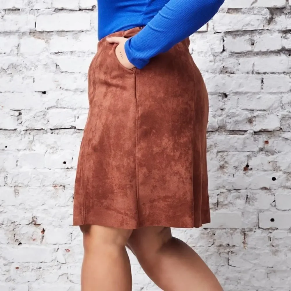 Ulla Popken Faux Suede Seam Detail Stretch Skirt, Gold Brown 20/22